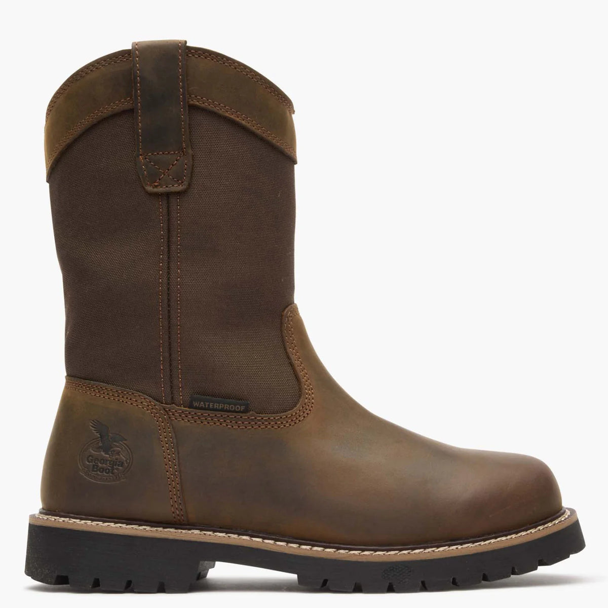 georgia boot 10" slip on waterproof, brown with black sole