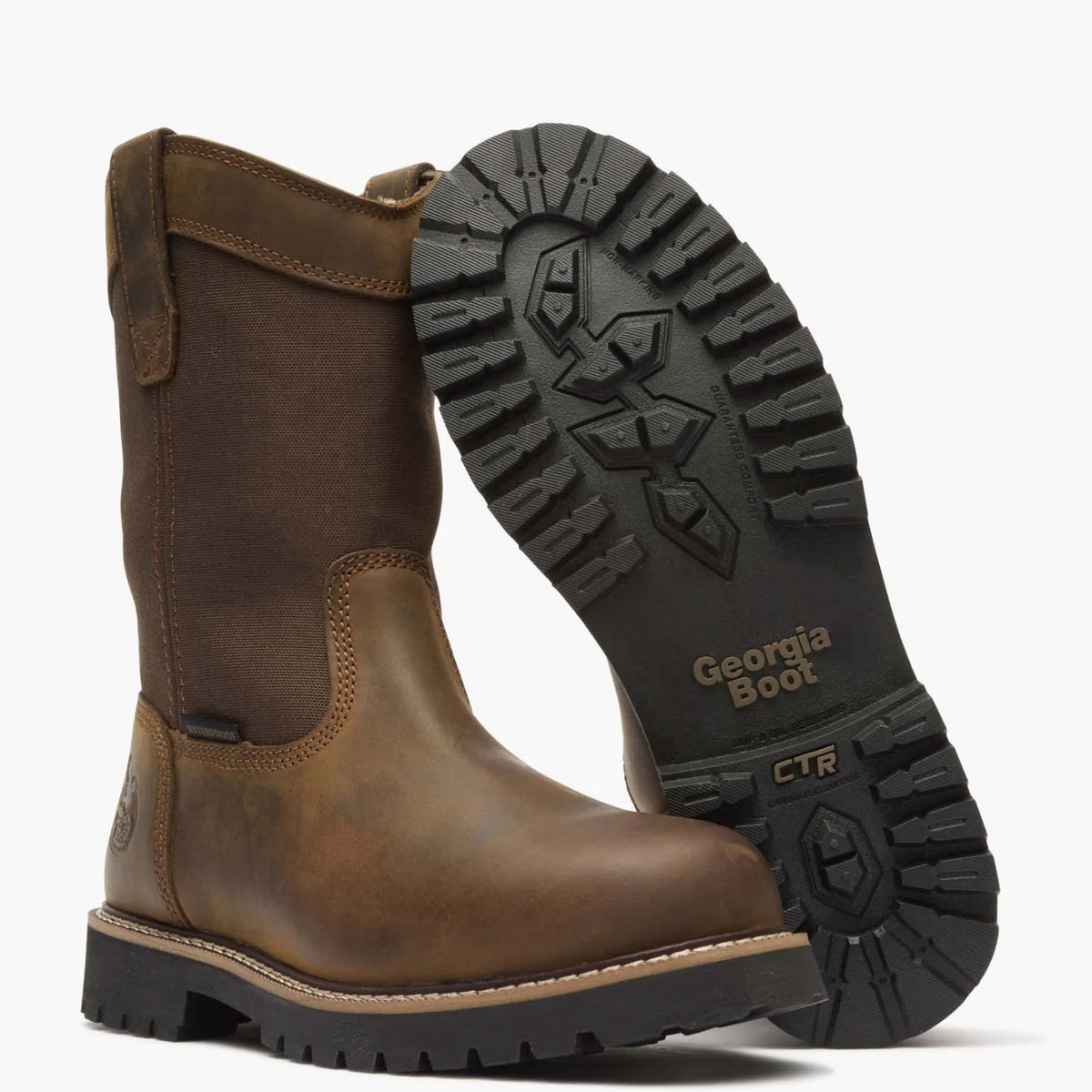 georgia boot 10" slip on waterproof, brown with black sole